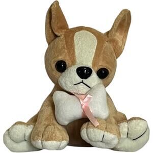 Brown Perked Eared Puppy Plush with Bone Small Medium
